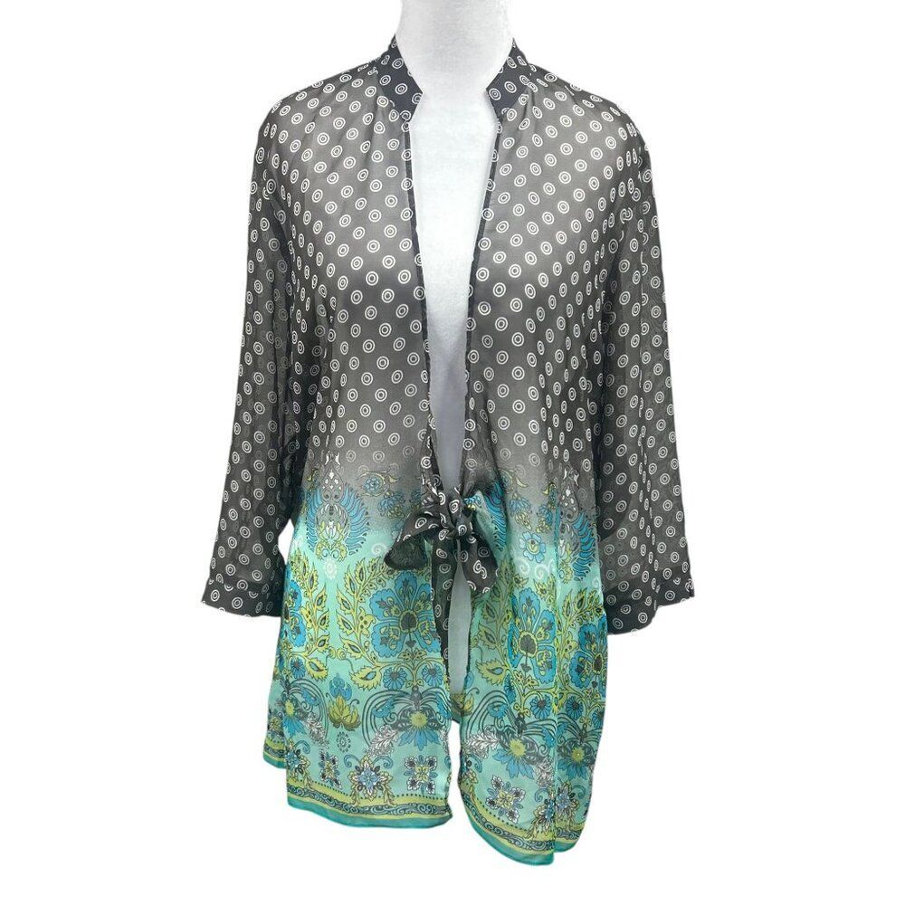Coldwater Creek Boho Printed Tie Front Sheer Beachy Kimono Sz L Petite